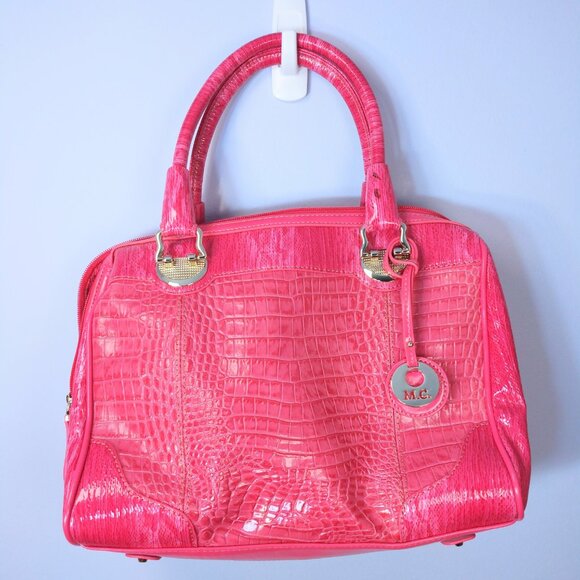 Faux Leather Satchel Top Handle Bag Bright Pink Croc Embossed 80s Retro Purse - Picture 1 of 8